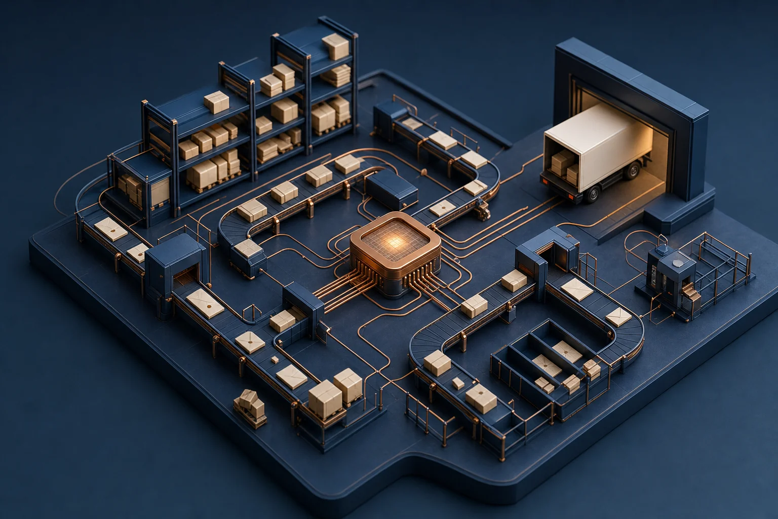 A miniature operations floor with conveyors, racks and a loading dock, with a copper processing core wired into the existing machinery