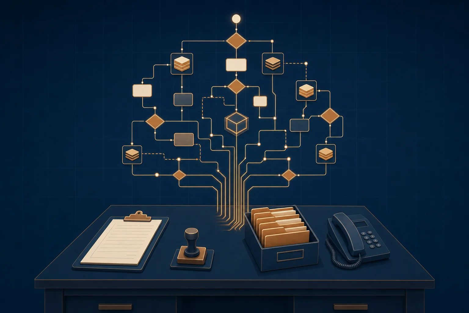 An operations desk with a clipboard, stamp, folders and phone, with the hidden workflow rising above it as a branching logic graph