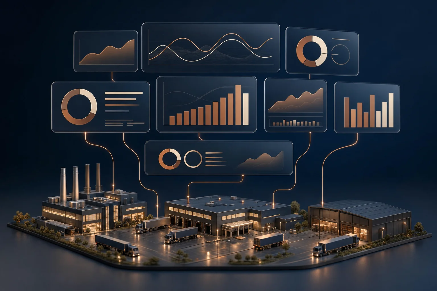 Data streams rising from a factory, warehouse and trucks into floating glass dashboard panes of abstract charts