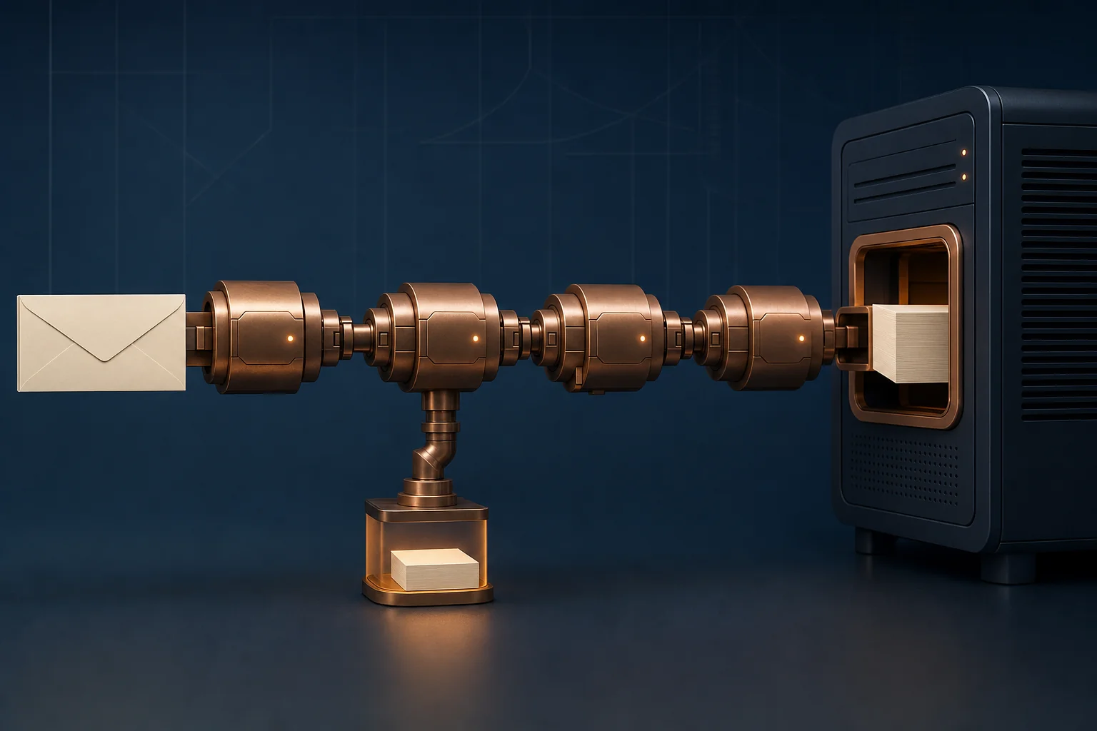 An incoming email passing through a chain of linked modules into a server, with one item set aside on a separate pedestal