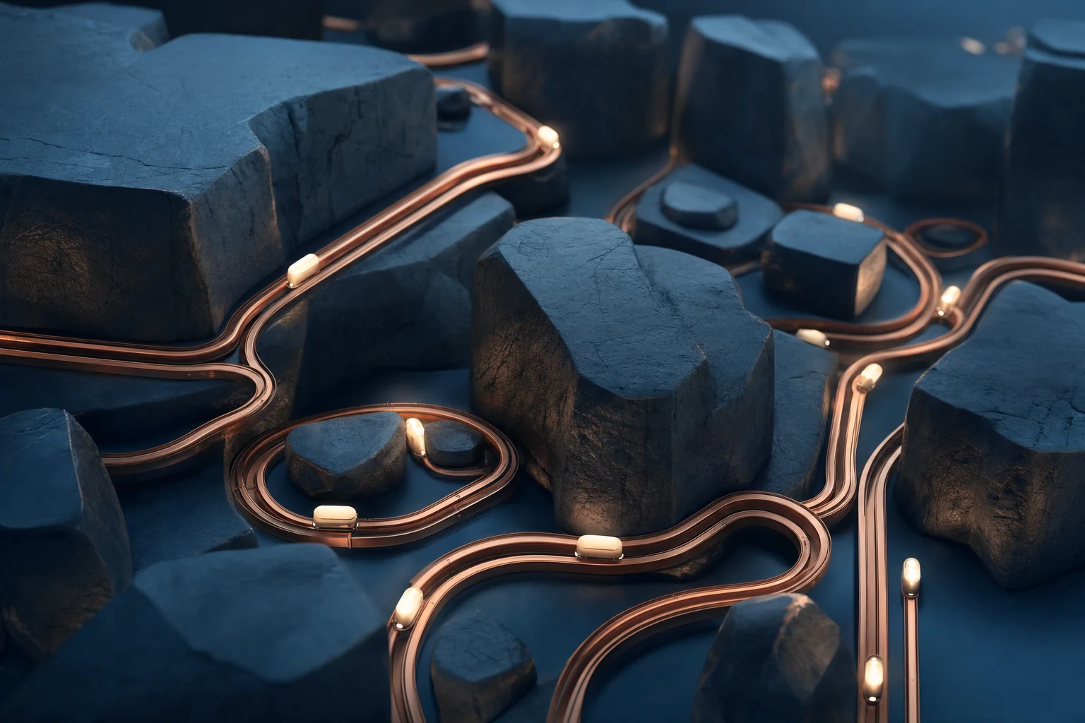 A custom copper rail track routed precisely around irregular stone blocks, carrying glowing capsules