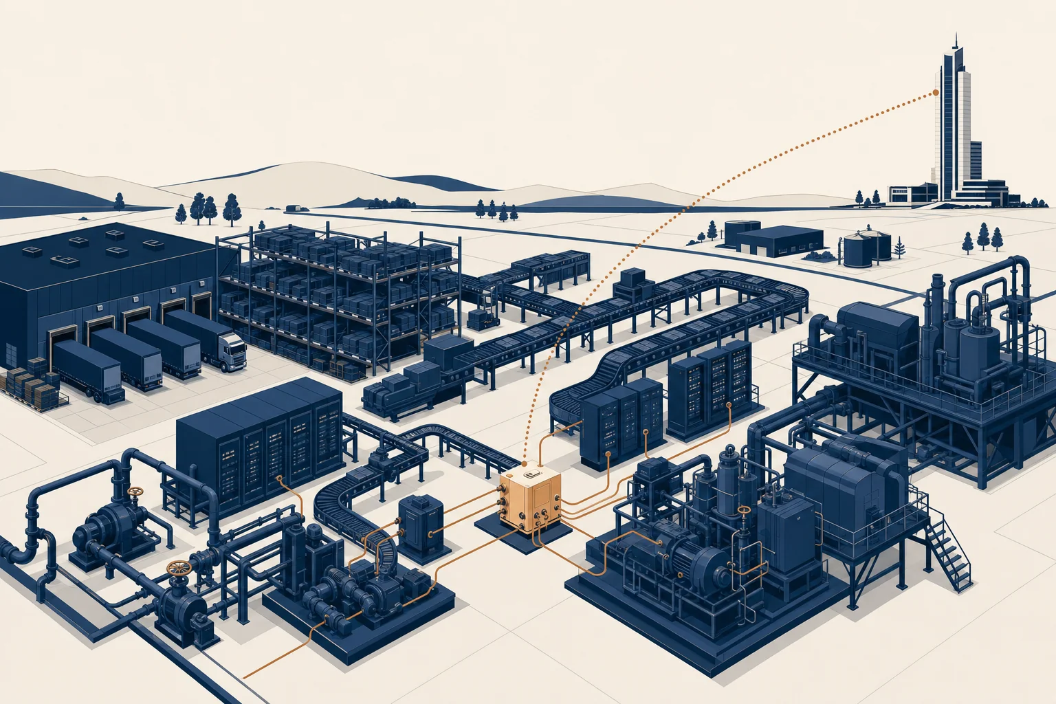 A small field station set up deep inside an operation of conveyors, racks and machinery, linked back to a distant headquarters tower