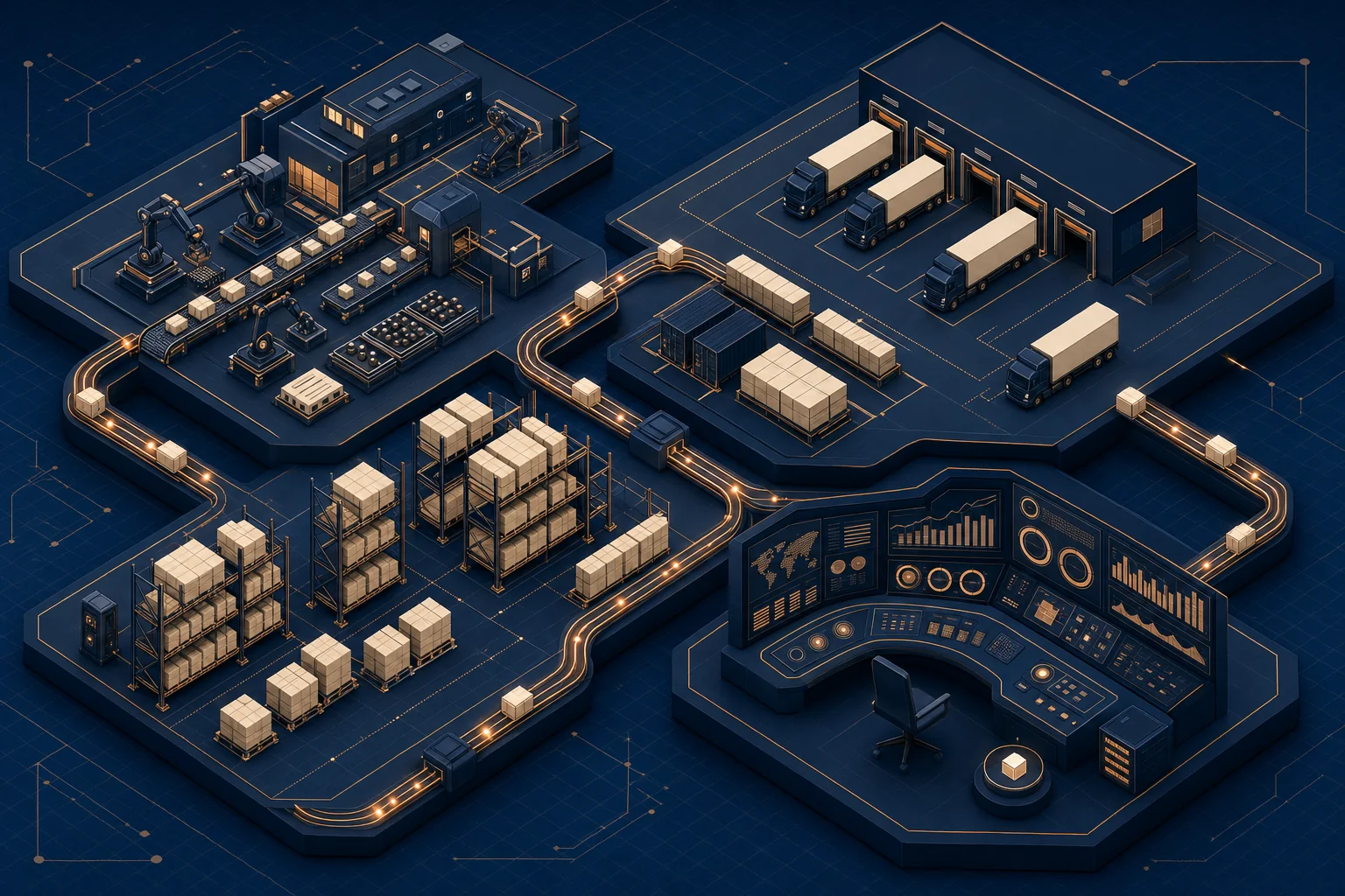 Isometric diorama of a factory, a truck yard, warehouse racking and an operations console joined by copper rails into one flow