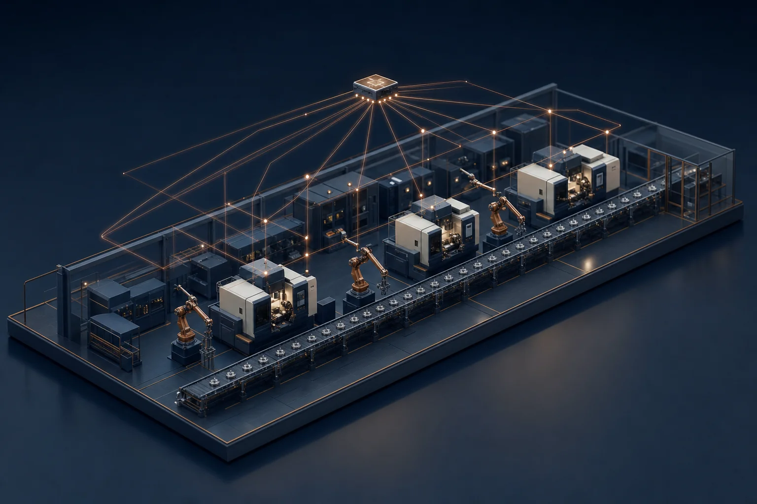 Isometric factory floor with machining cells, robotic arms and a conveyor, linked by a copper data layer to a single control node