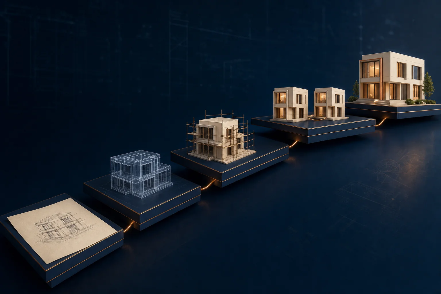 Five rising platforms showing a building progress from sketch to wireframe to construction to side-by-side twins to a finished building