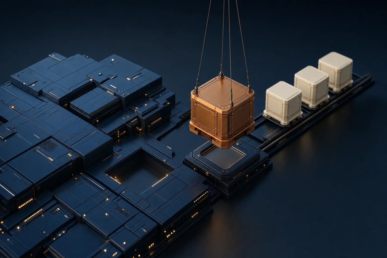 A single new module being lowered into place beside a running platform, with more modules queued behind it