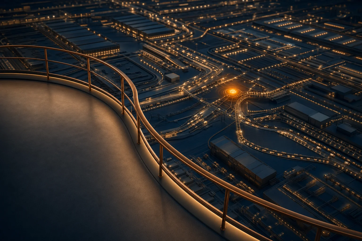An observation platform overlooking an illuminated operation of flowing paths and buildings, with one point highlighted