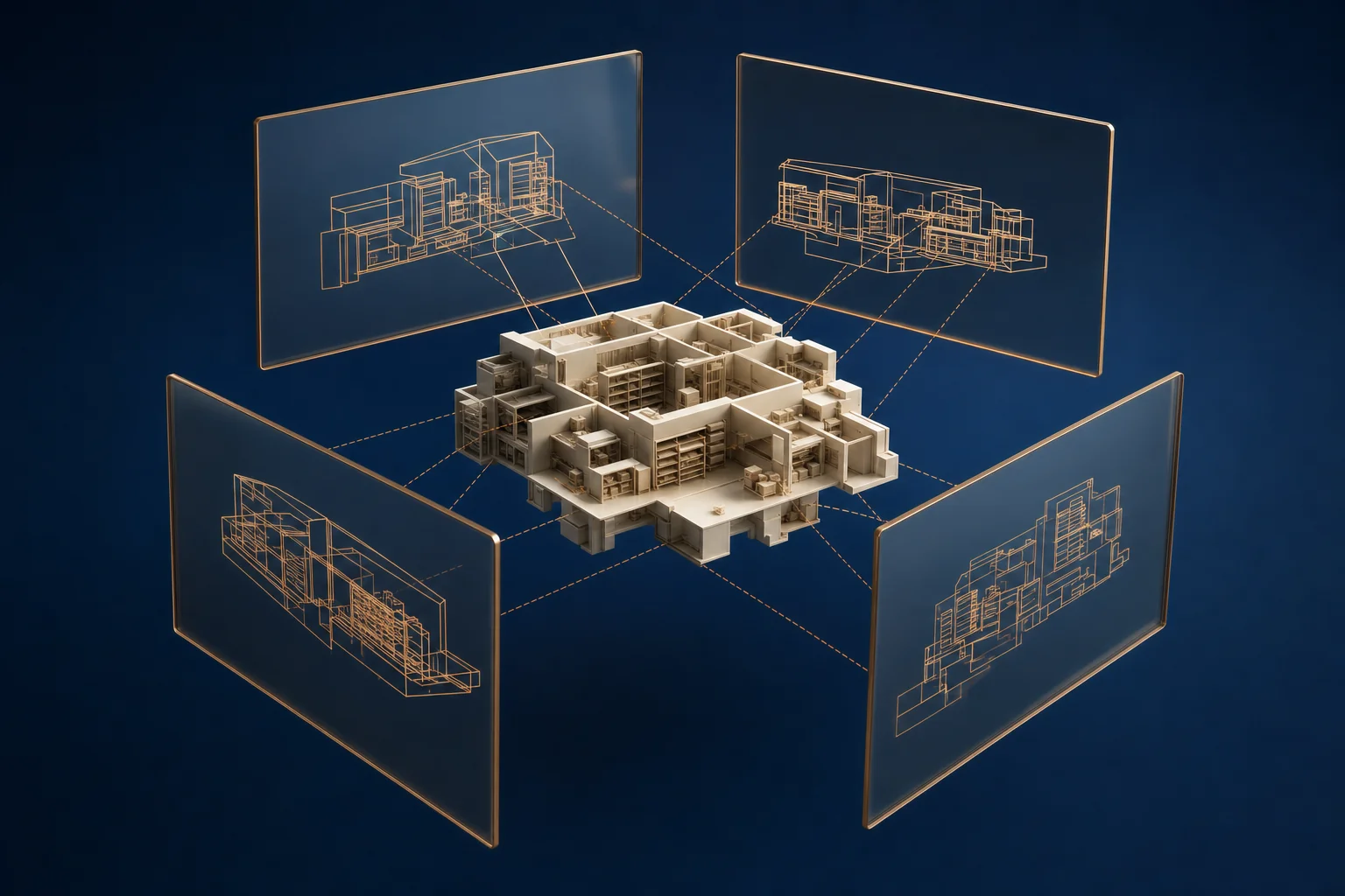A model of an operation viewed through four panes at different angles, each showing a different outline