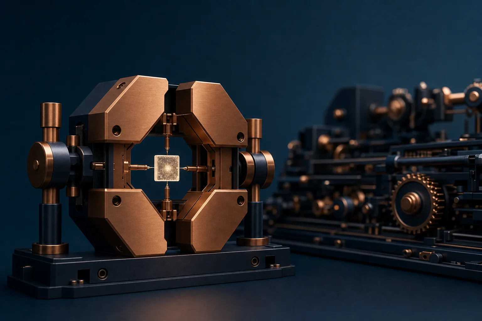 A model's output held inside a precise copper interlock gate before it reaches the machinery of an operation