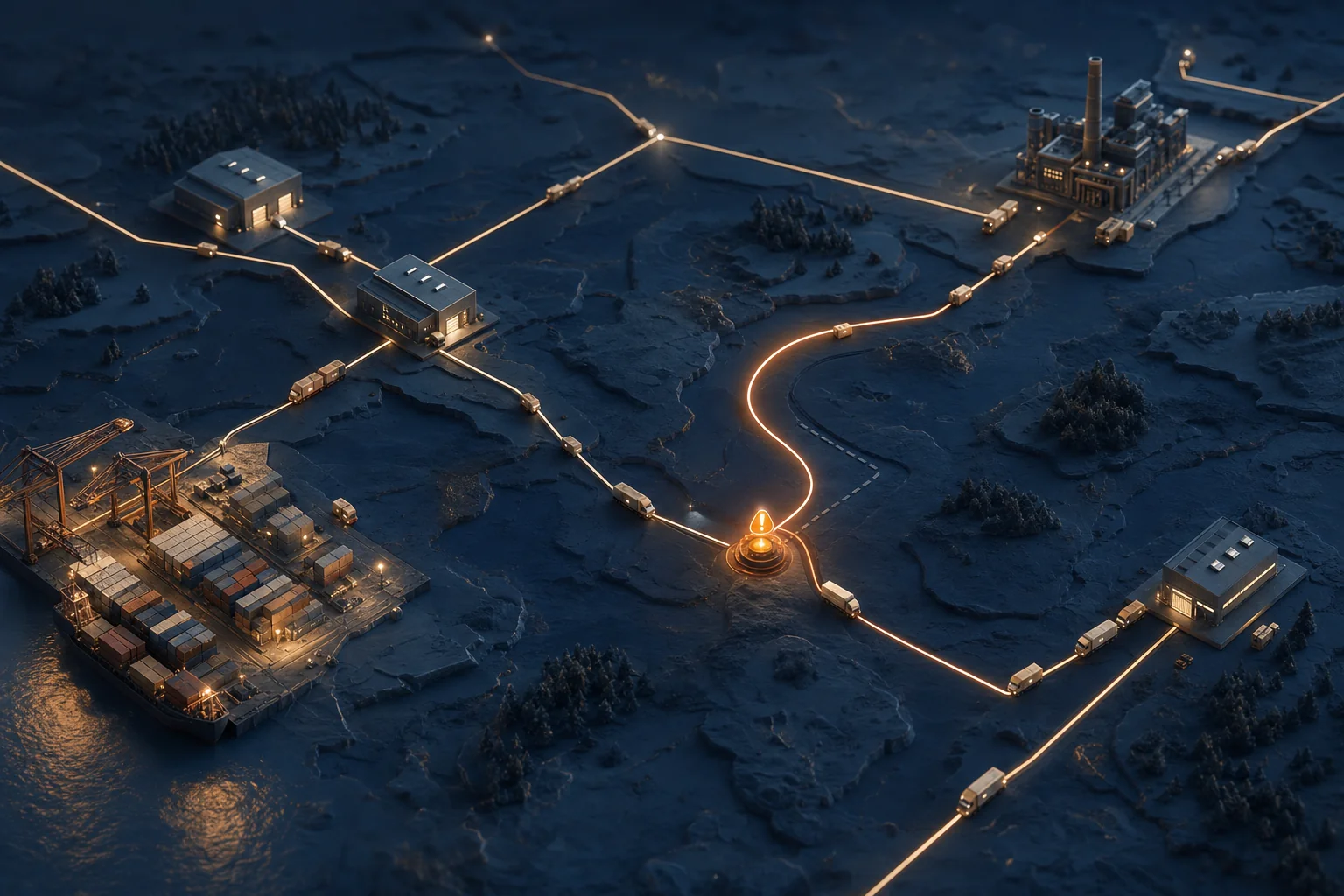 Night view of a logistics network of warehouses, a container port, a factory and trucks joined by copper routes, with one route rerouted around an exception