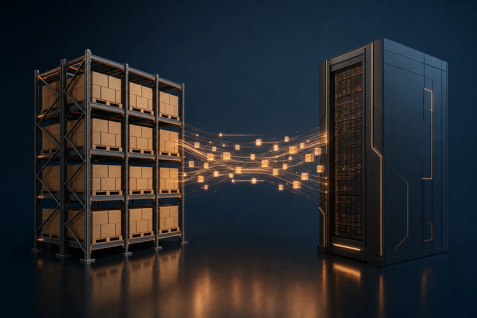Warehouse pallet racking and an enterprise server tower connected by a copper bridge of data flowing in both directions