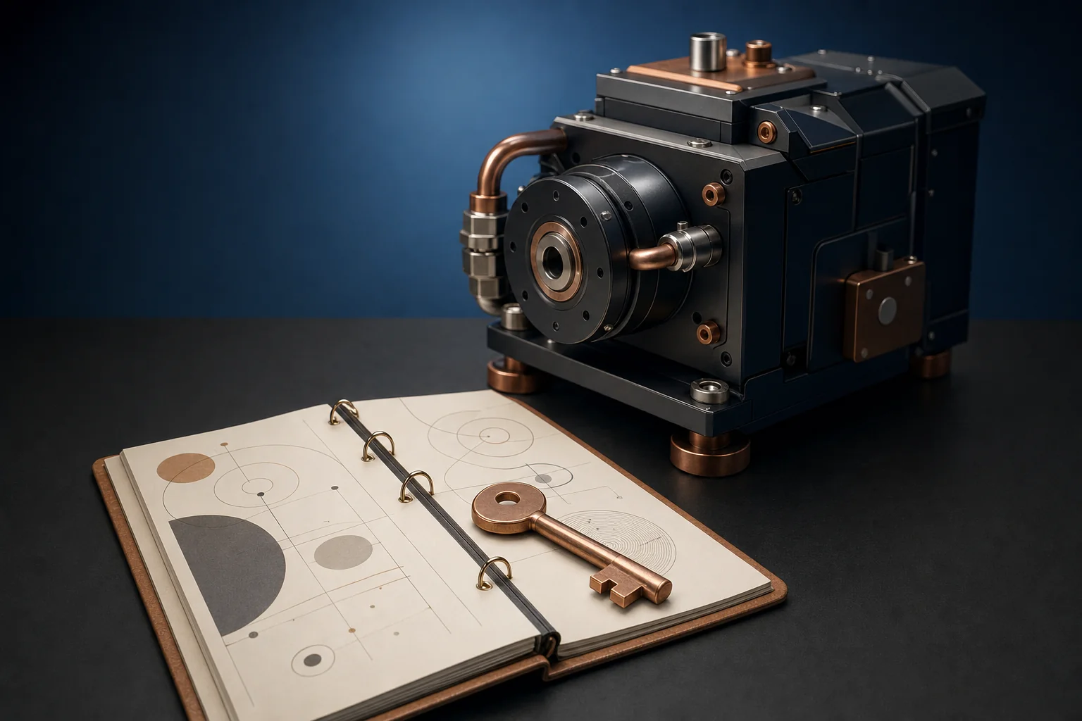 A finished machine module on a workbench beside an open binder and a copper key, representing a full ownership handoff
