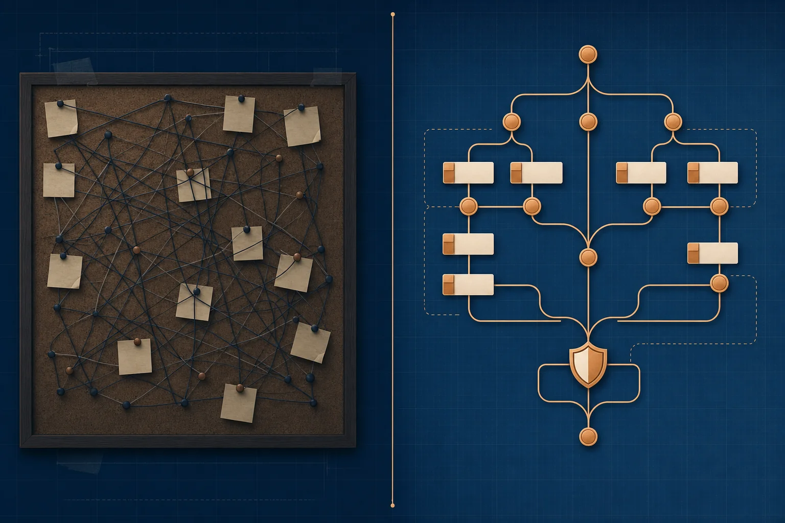 A tangled corkboard of strings and notes beside a clean, version-controlled branching tree of connected nodes