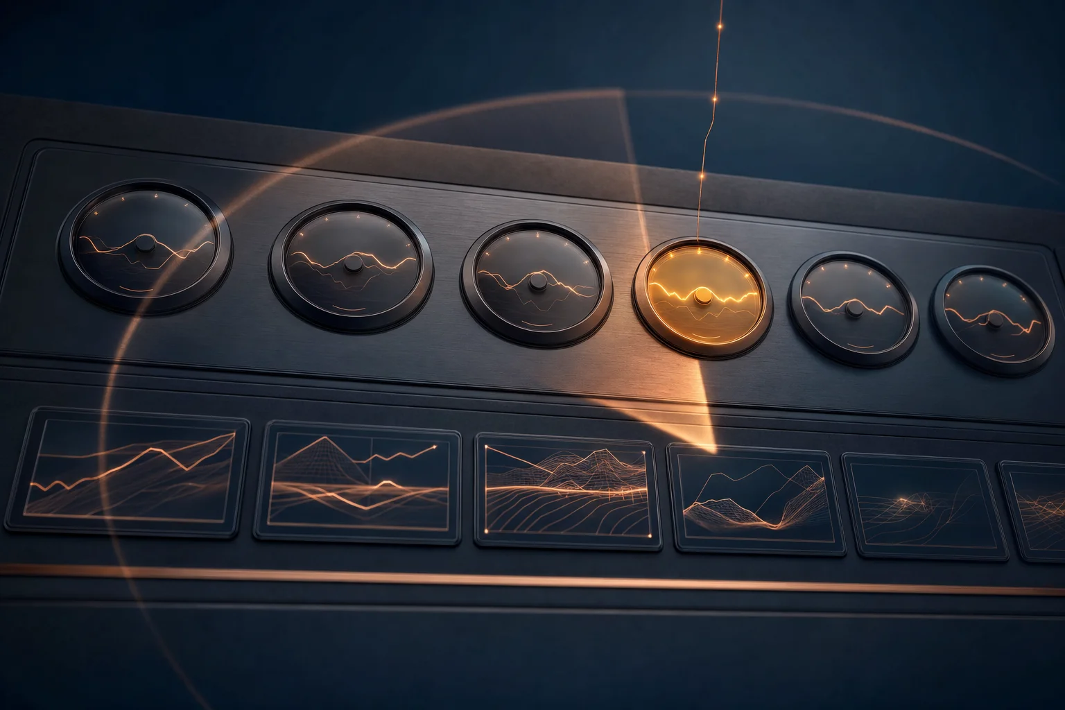A row of monitoring gauges under a radar sweep, with one gauge glowing amber and flagged early