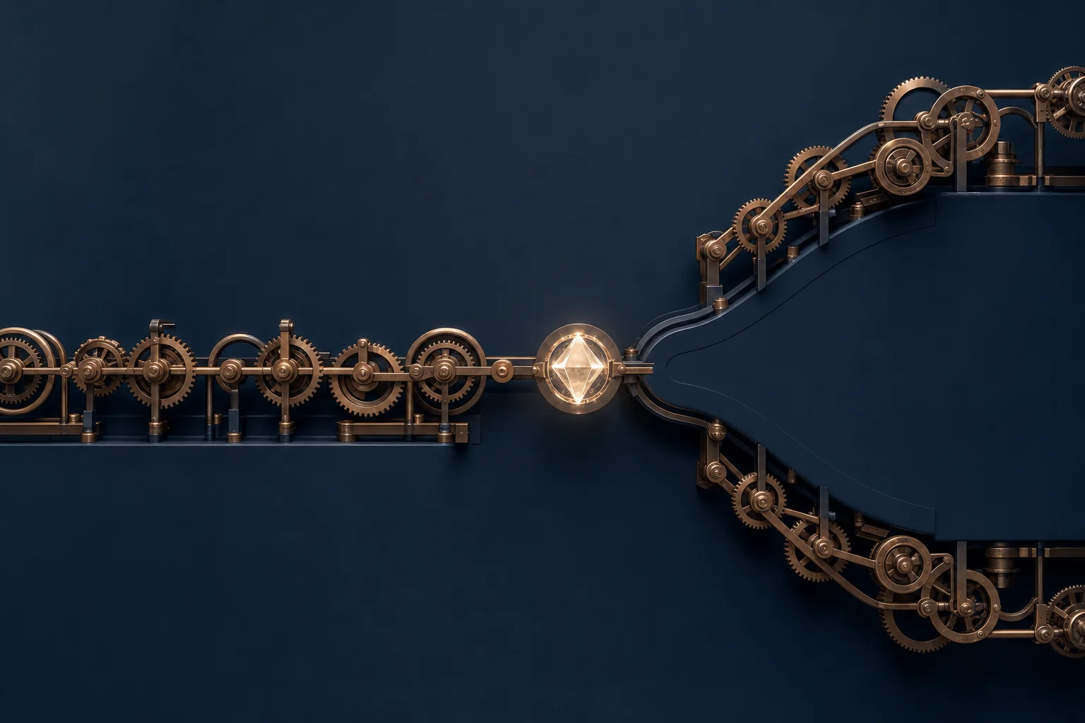 A chain of simple copper gears with a single glowing lens at the one junction where a decision branches the chain