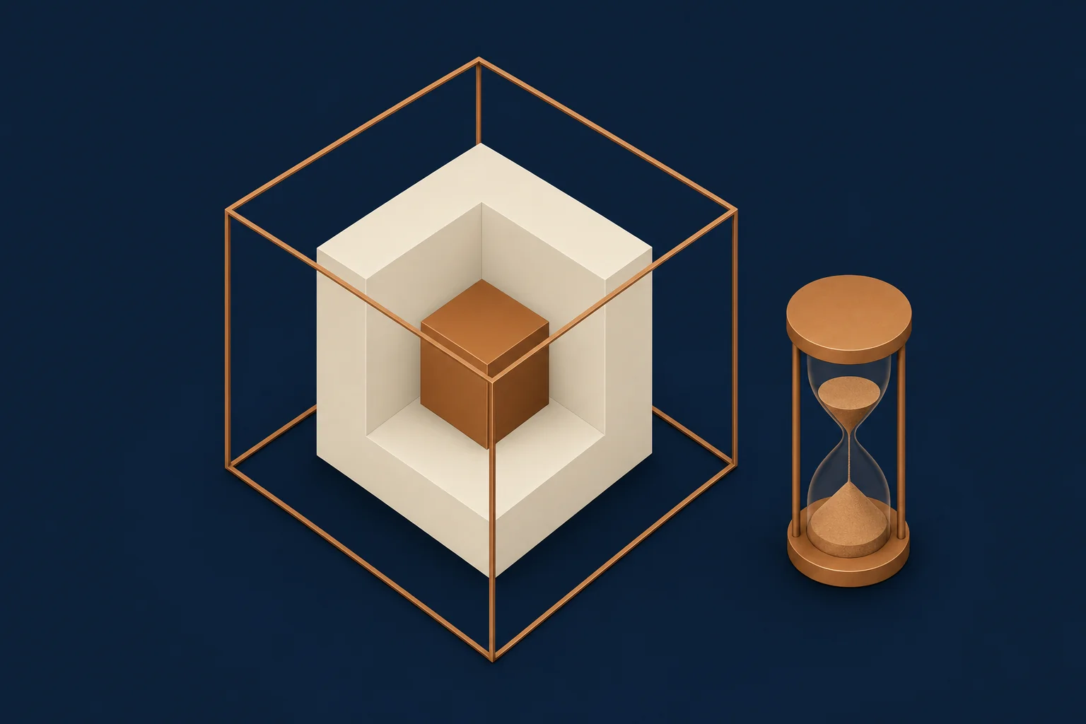 Three nested blocks of increasing size beside an hourglass, showing cost layers and ramp time