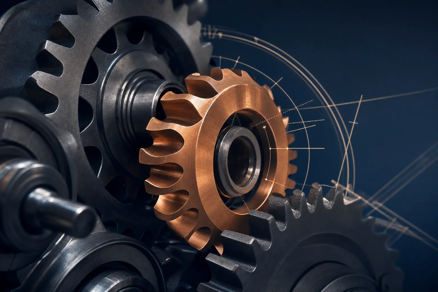 A precision-cut copper gear with a custom tooth profile meshing into an existing industrial gear train