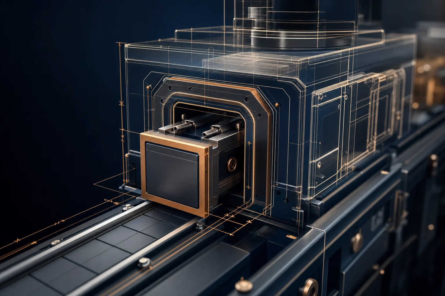 A blueprint wireframe traced to one production machine's contours, with a copper component cut to fit sliding into place