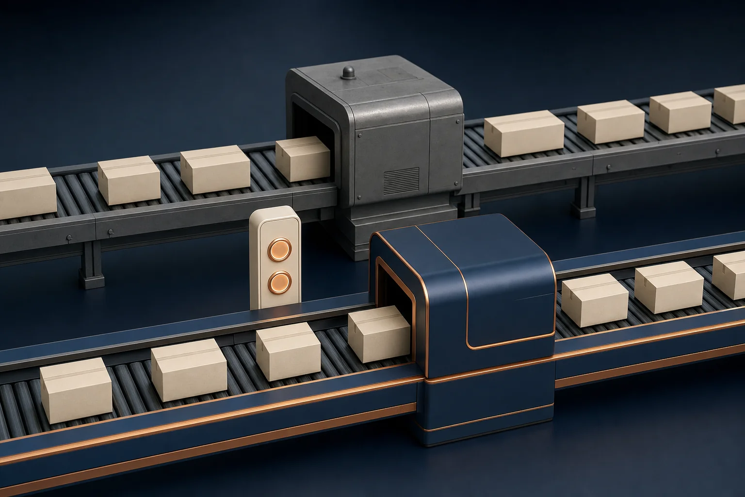 An old machine and a new machine processing identical items on parallel tracks, with a console confirming matching output