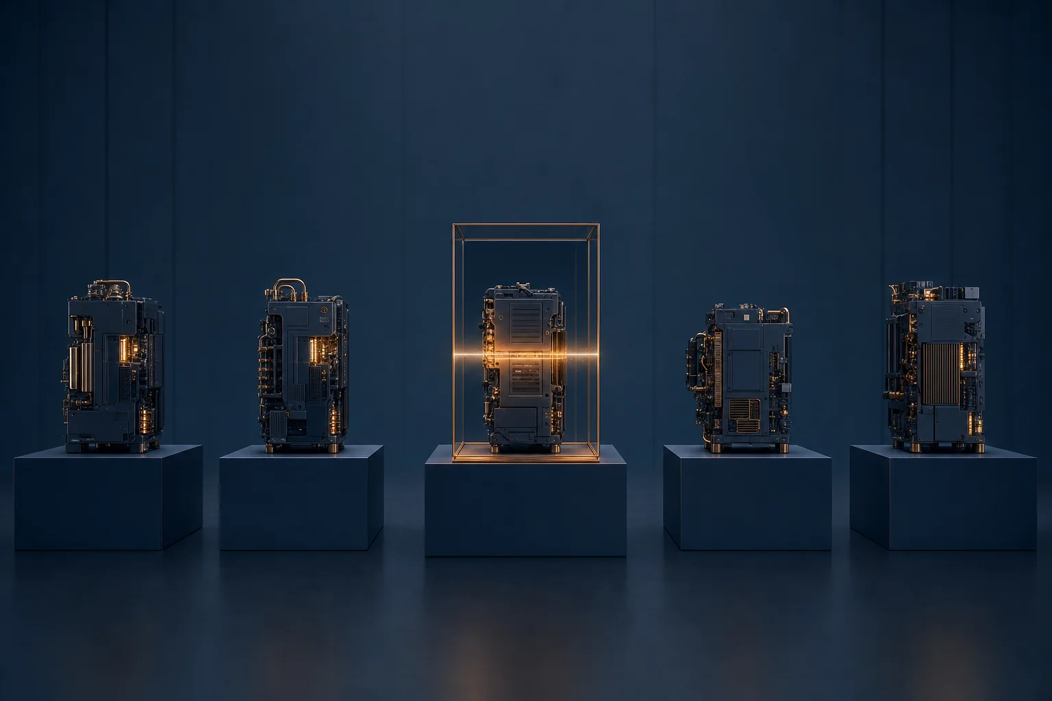Independent modules on separate plinths, one under test inside a chamber while the others keep running