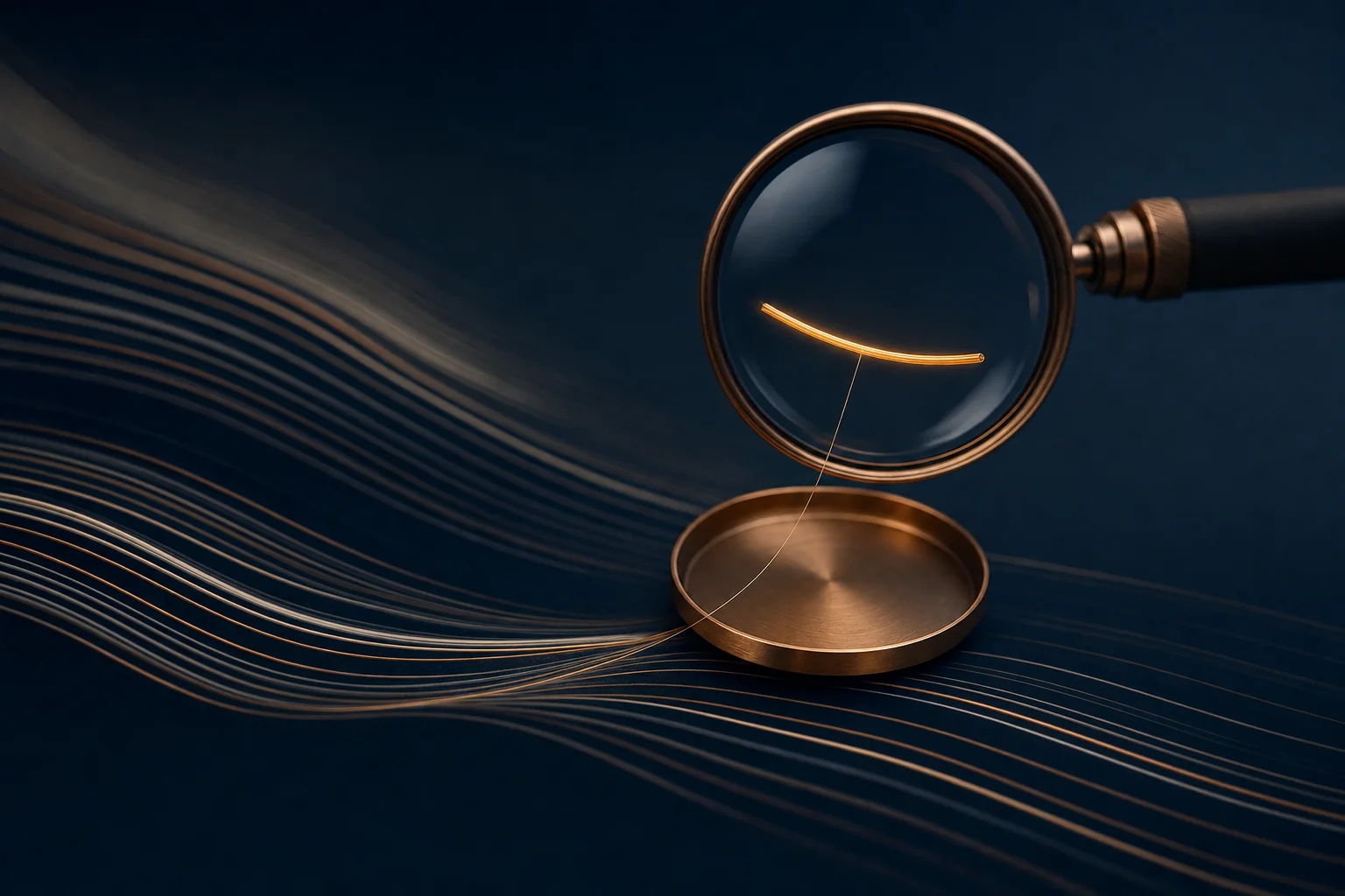 Streams of light flowing across a dark surface, with one flagged segment lifted out under a magnifying lens and still linked to its place in the stream