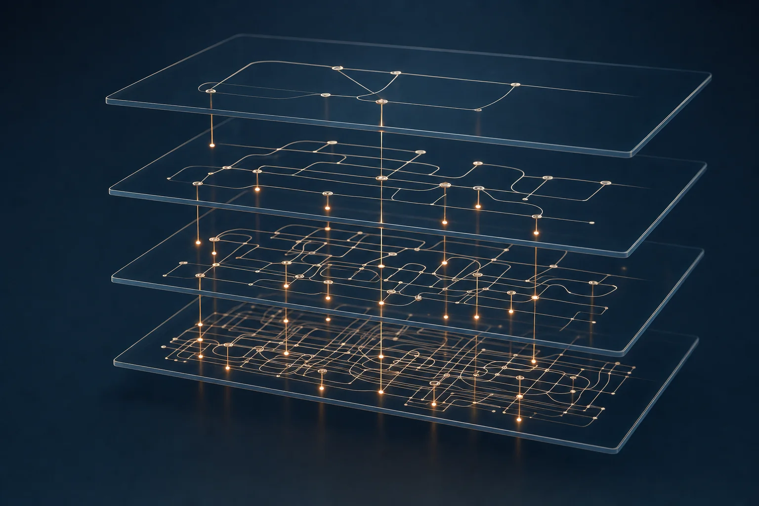 Four stacked transparent layers with increasingly tangled workflow lines, connected by beams that glow where the layers do not line up