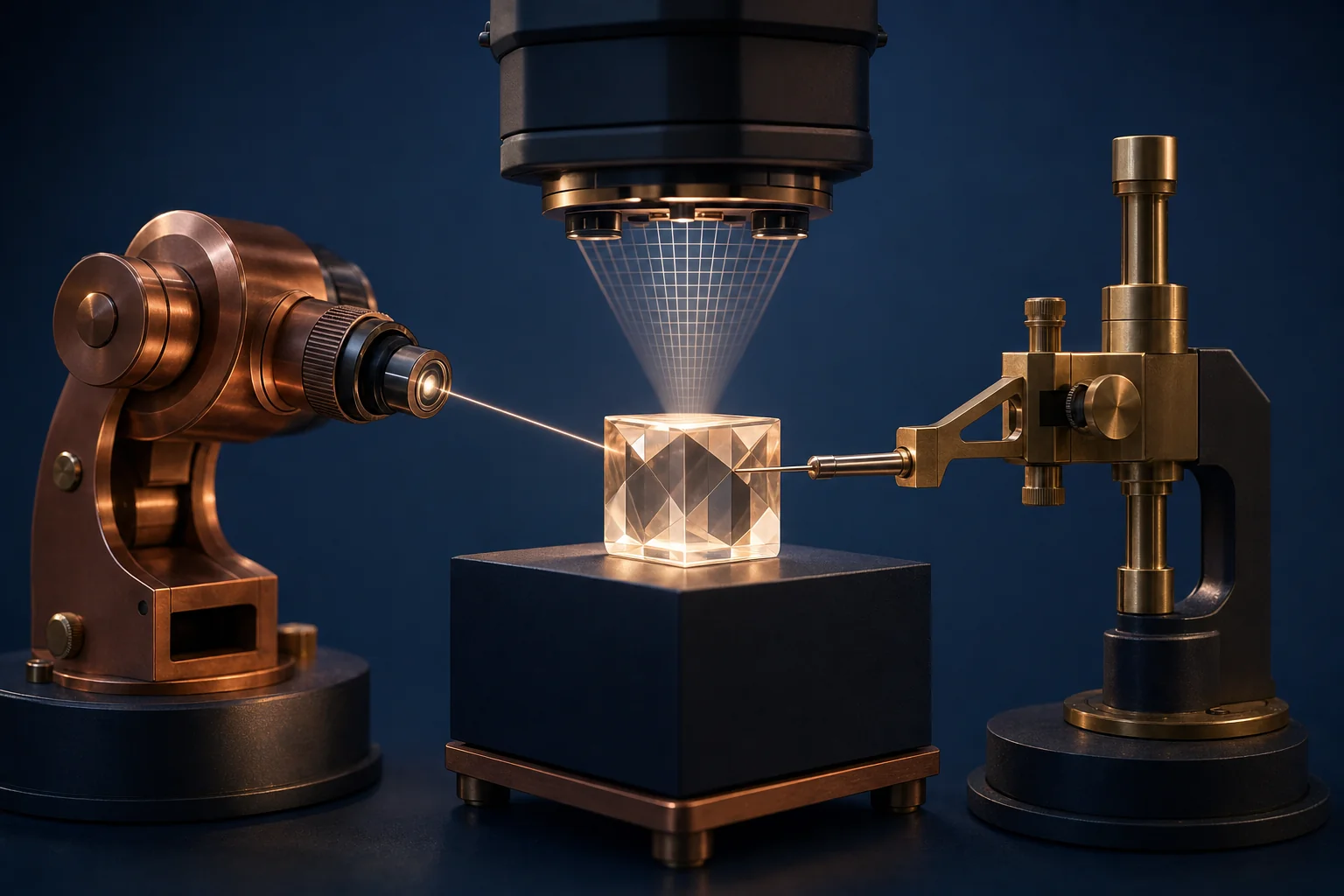 Three independent inspection instruments of different materials and mechanisms examining the same object from different angles