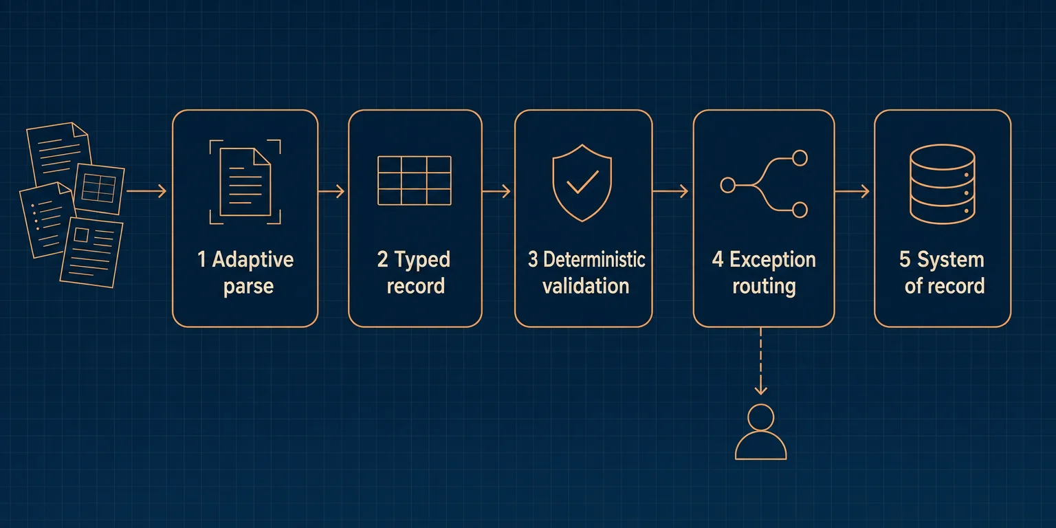 Five stages: adaptive parse, typed record, deterministic validation, exception routing, system of record