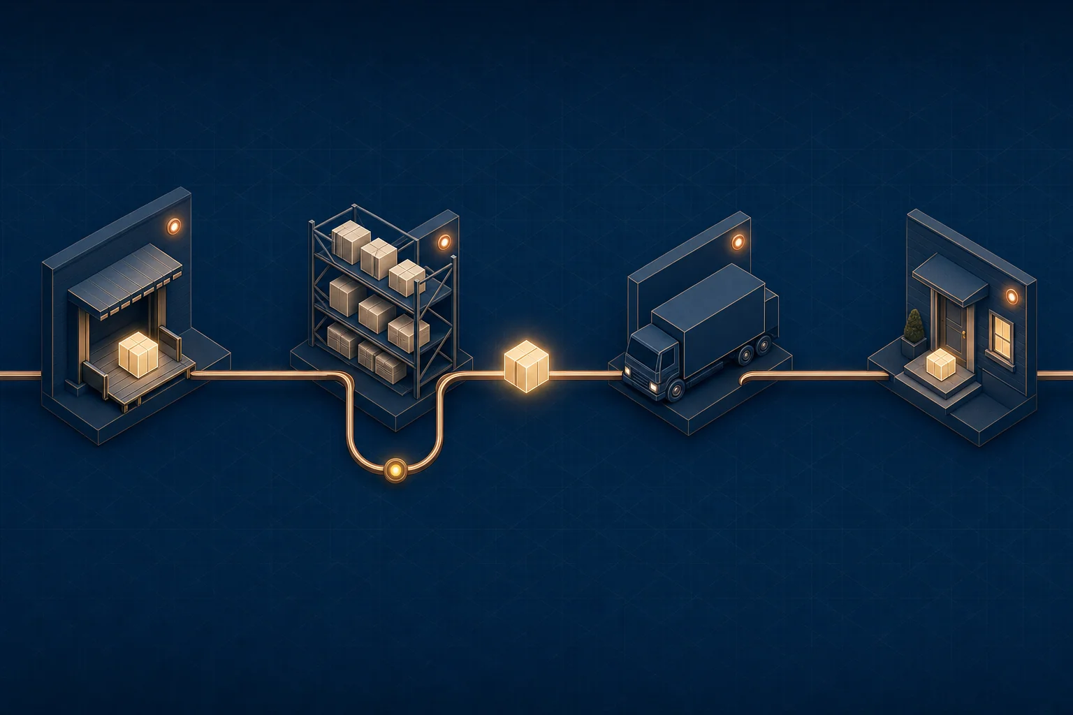 One order travelling along a copper track through a loading dock, warehouse racking, a truck and a front door, with an exception looped out and back in